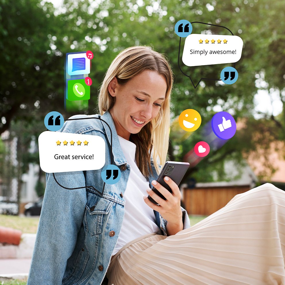 Smiling woman using phone with floating social media icons